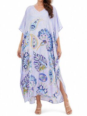 Women Plus Size Fit and Flare Paisley Printed White Kaftan Dress by Gypsie Blu